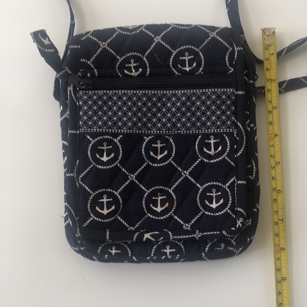 Nautical fabric small bag with multiple pockets and zippers in navy and white - Picture 3 of 9
